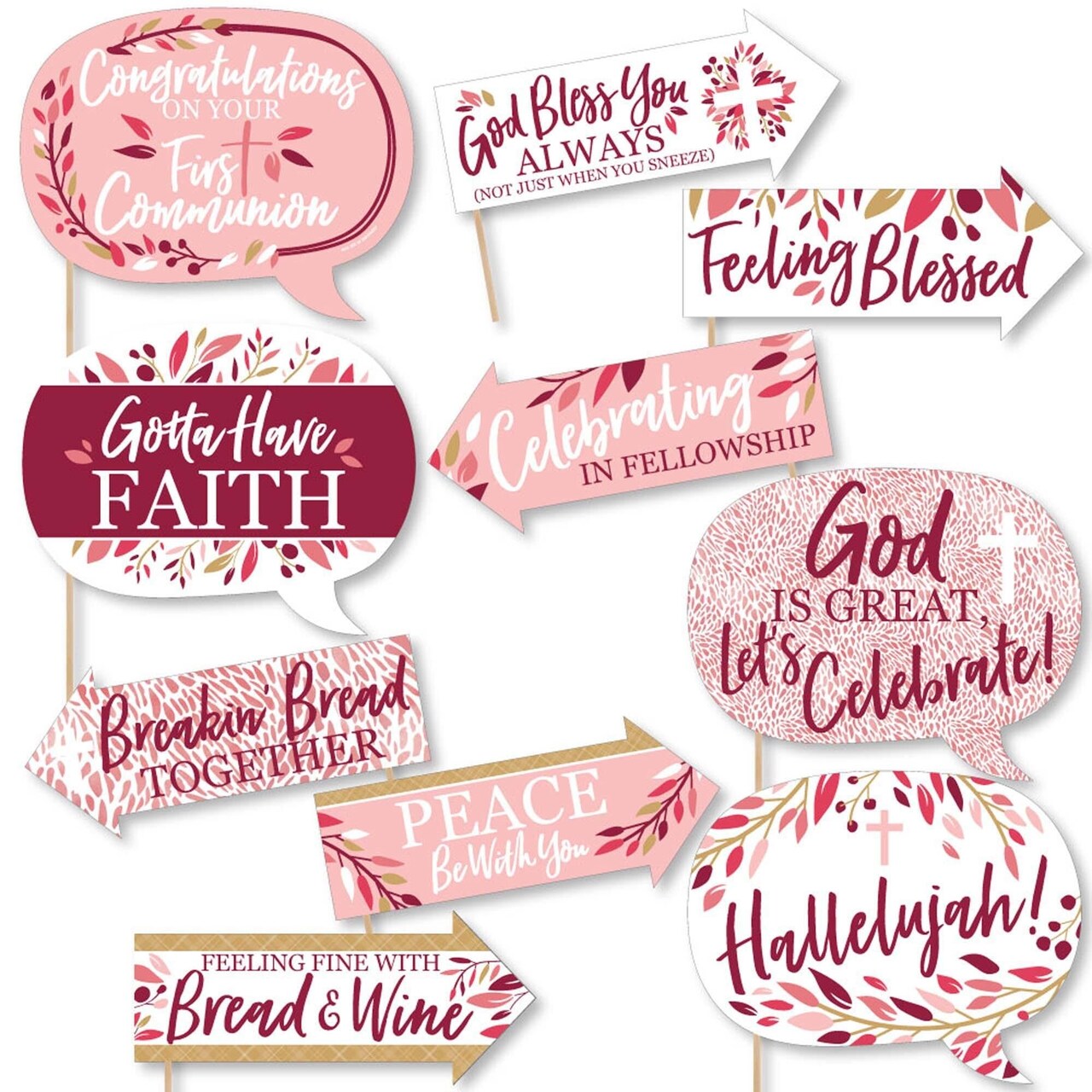 Big Dot of Happiness Funny First Communion Pink Elegant Cross - Girl Religious Party Photo Booth Props Kit - 10 Piece